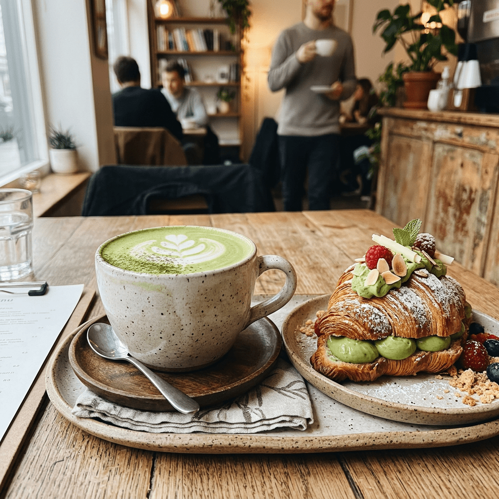 Modern crafted coffee, matcha foam, croissant dessert