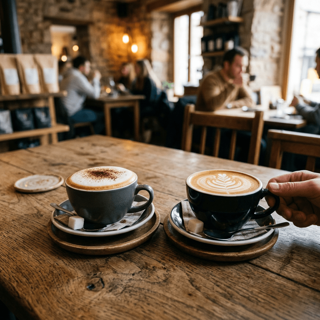 Two cups of coffee with latte art on wooden table in rustic café
